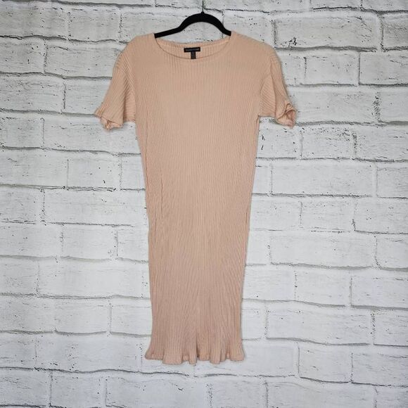 Eileen Fisher Tencel Shoty Sleeve Stretch Ribbed Dress Beige Womens Mini Size XS - Picture 1 of 11
